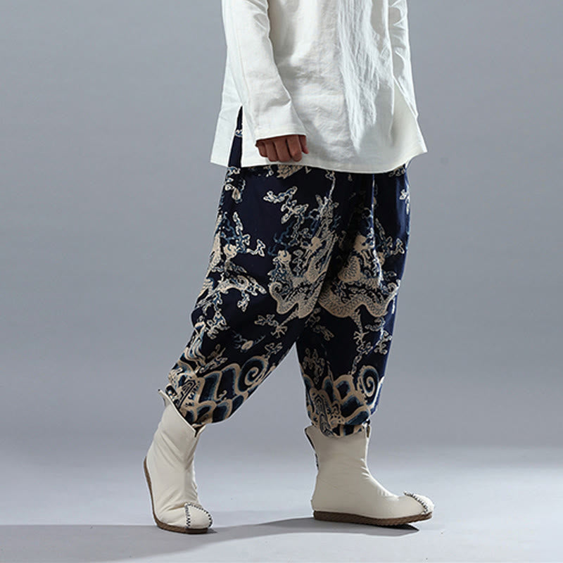Pantalones de lino y algodón étnicos con cintura elástica y estampado de dragón chino y Buddha Stones para hombre con bolsillos - image 4