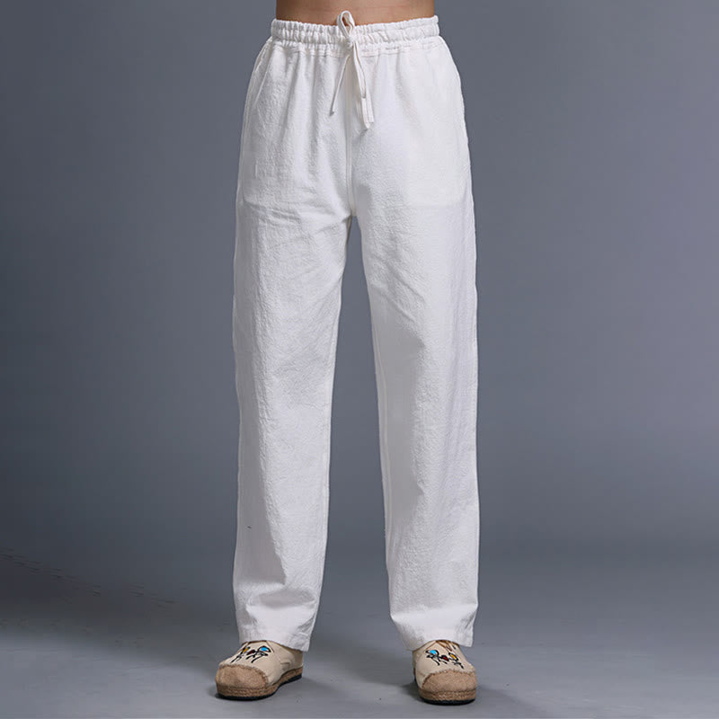 Pantalones de lino con cordón y bolsillos para hombre, de color liso e informal, con Buddha Stones - Blanco - US/UK/AU38, EU48 (XL) - image 0