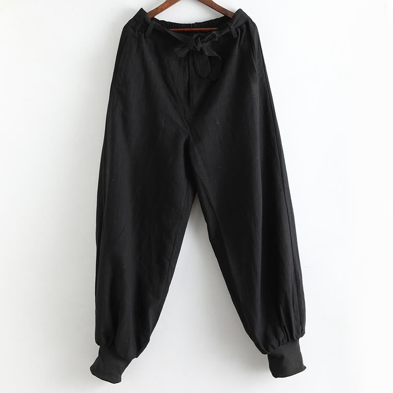 Pantalones de hombre de lino ramio con cremallera frontal de color liso y bolsillos con Buddha Stones