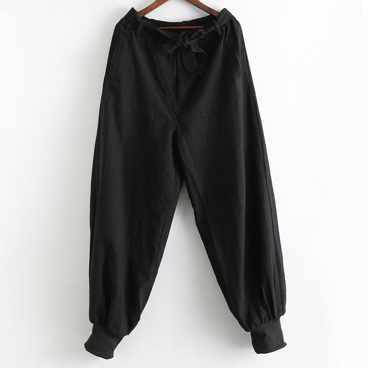 Pantalones de hombre de lino ramio con cremallera frontal de color liso y bolsillos con Buddha Stones