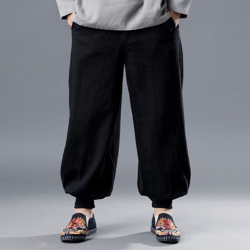 Pantalones de hombre de lino ramio con cremallera frontal de color liso y bolsillos con Buddha Stones