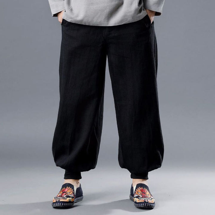 Pantalones de hombre de lino ramio con cremallera frontal de color liso y bolsillos con Buddha Stones