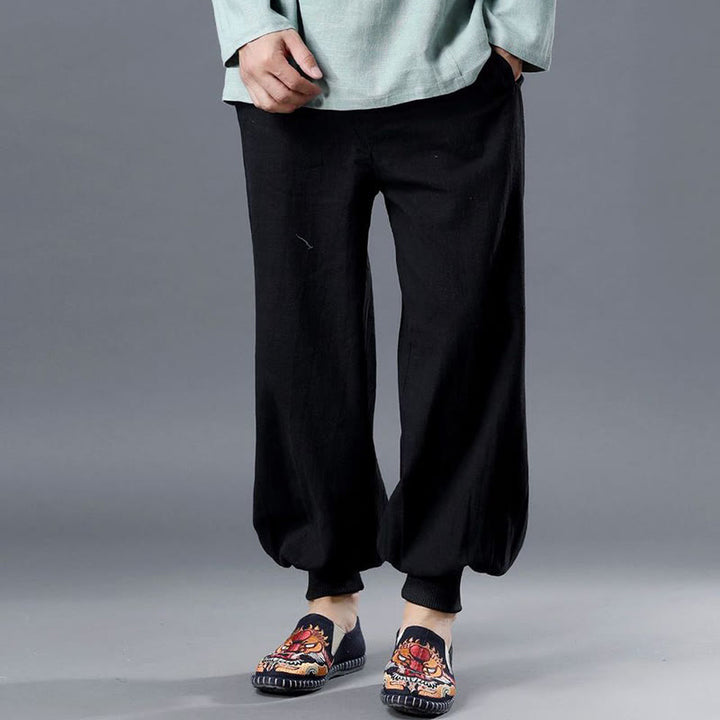 Pantalones de hombre de lino ramio con cremallera frontal de color liso y bolsillos con Buddha Stones