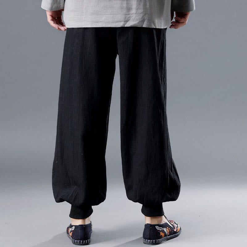 Pantalones de hombre de lino ramio con cremallera frontal de color liso y bolsillos con Buddha Stones