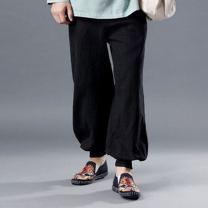 Pantalones de hombre de lino ramio con cremallera frontal de color liso y bolsillos con Buddha Stones