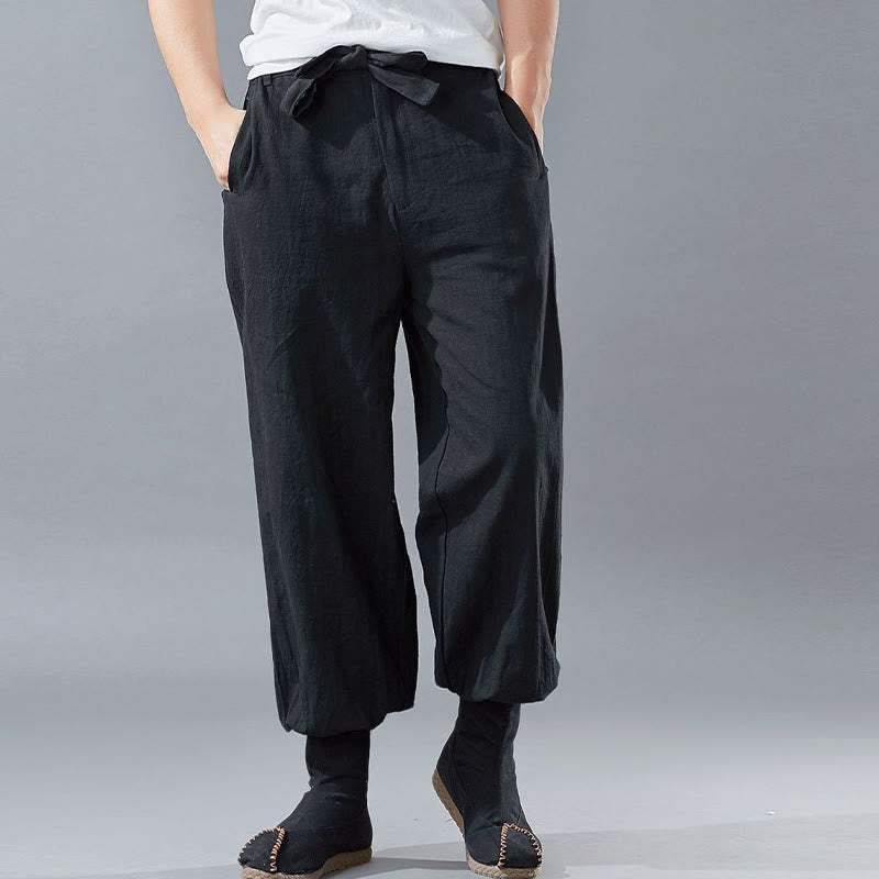 Pantalones de hombre de lino ramio con cremallera frontal de color liso y bolsillos con Buddha Stones