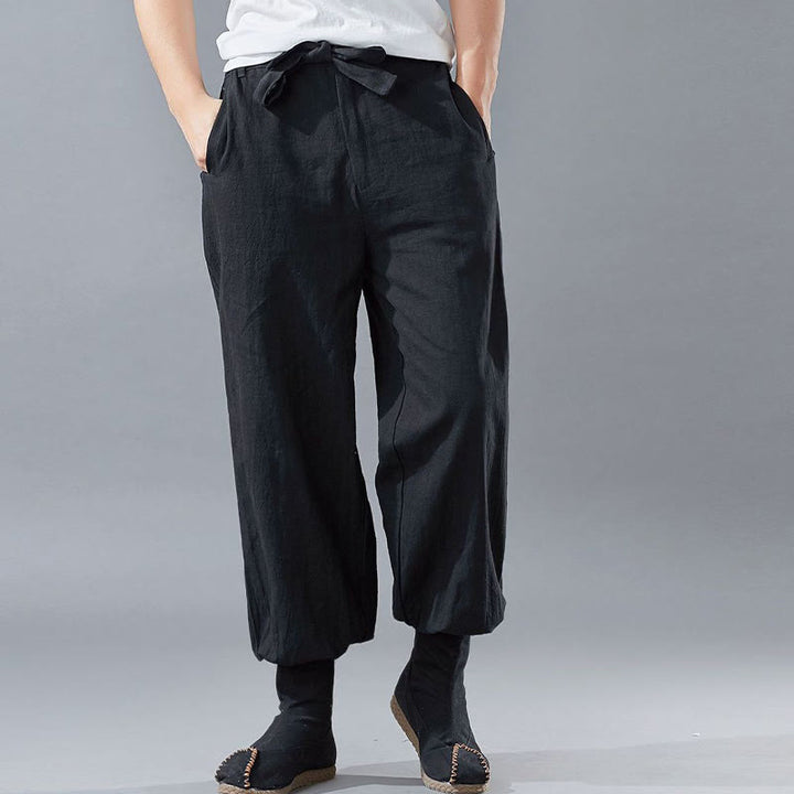 Pantalones de hombre de lino ramio con cremallera frontal de color liso y bolsillos con Buddha Stones