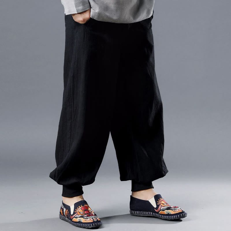 Pantalones de hombre de lino ramio con cremallera frontal de color liso y bolsillos con Buddha Stones