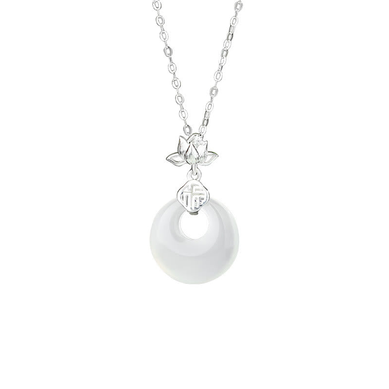 Colgante con hebilla de paz y carácter Fu de flor de loto de plata de ley 925 con calcedonia y Buddha Stones - image 1