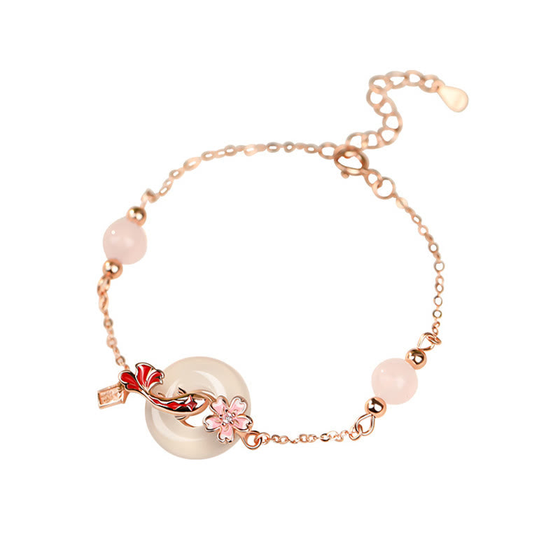 Pulsera positiva con hebilla de paz y flores de pez koi en plata de ley 925 con cristales de calcedonia rosa y Buddha Stones