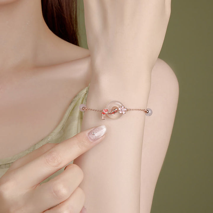 Pulsera positiva con hebilla de paz y flores de pez koi en plata de ley 925 con cristales de calcedonia rosa y Buddha Stones - image 3