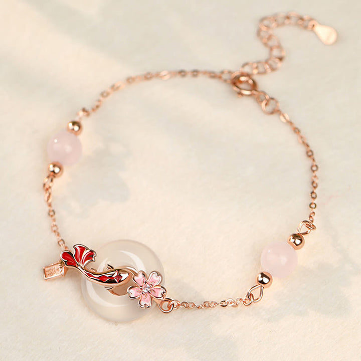 Pulsera positiva con hebilla de paz y flores de pez koi en plata de ley 925 con cristales de calcedonia rosa y Buddha Stones - Calcedonia y plata de ley 925 (circunferencia de la muñeca: 14-18 cm) - image 0