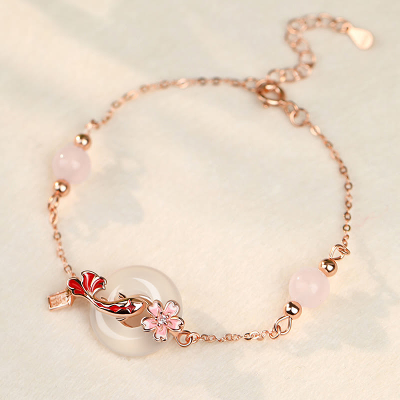 Pulsera positiva con hebilla de paz y flores de pez koi en plata de ley 925 con cristales de calcedonia rosa y Buddha Stones - Calcedonia y plata de ley 925 (circunferencia de la muñeca: 14-18 cm) - image 0