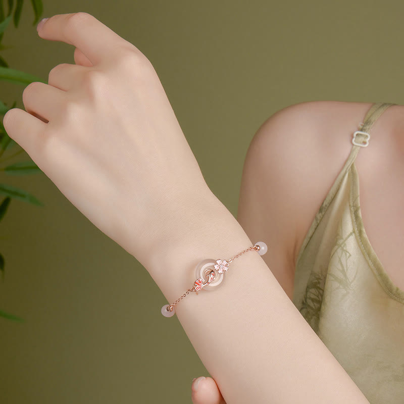Pulsera positiva con hebilla de paz y flores de pez koi en plata de ley 925 con cristales de calcedonia rosa y Buddha Stones