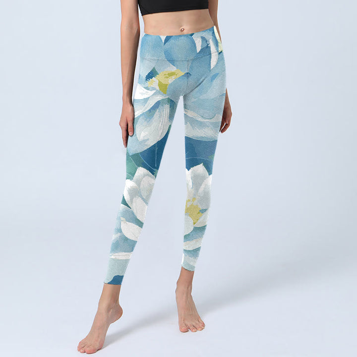 Leggings de yoga para mujer con estampado de loto azul y blanco y Buddha Stones - image 6