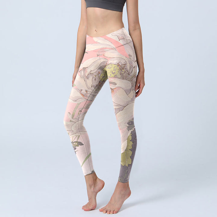 Leggings de yoga para mujer con estampado de loto blanco marchito y Buddha Stones - Rosa - US18，UK/AU22，EU50 (4XL) - image 0