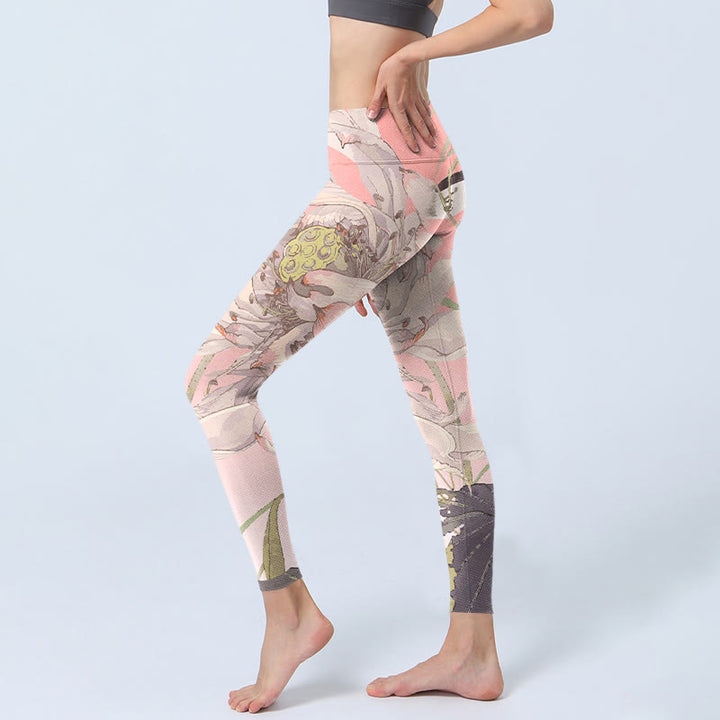 Leggings de yoga para mujer con estampado de loto blanco marchito y Buddha Stones - image 2