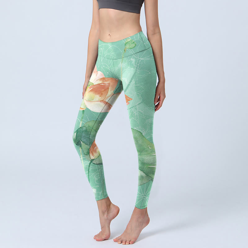 Leggings de yoga para mujer con estampado de Buddha Stones de loto y vainas de semillas - Verde primavera mediano - US18，UK/AU22，EU50 (4XL) - image 1