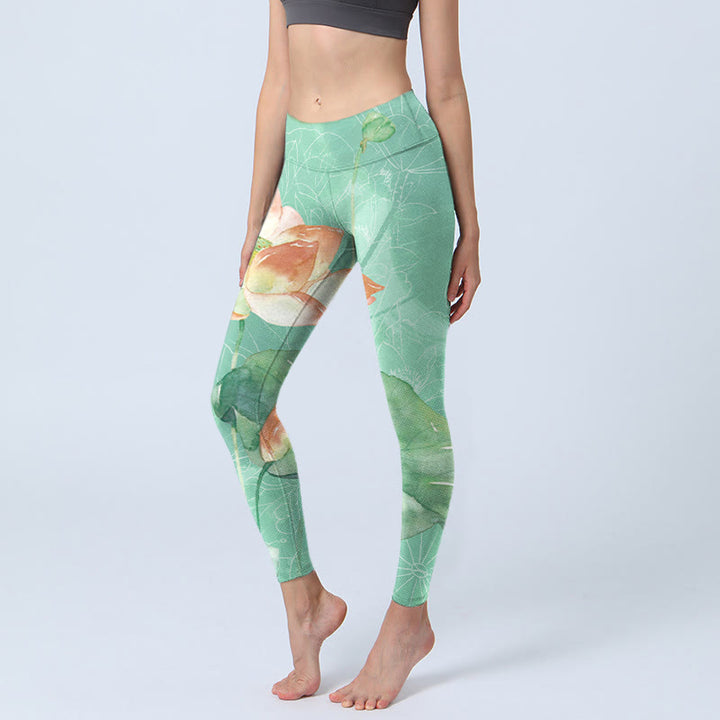 Leggings de yoga para mujer con estampado de Buddha Stones de loto y vainas de semillas - Verde primavera mediano - US18，UK/AU22，EU50 (4XL) - image 1