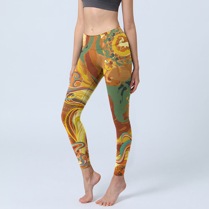 Leggings de yoga para mujer con estampado de ondas de nubes doradas y Buddha Stones - Oro - US18，UK/AU22，EU50 (4XL) - image 0