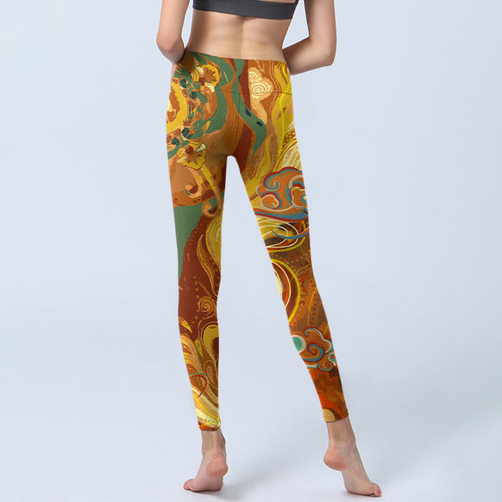 Leggings de yoga para mujer con estampado de ondas de nubes doradas y Buddha Stones - image 7