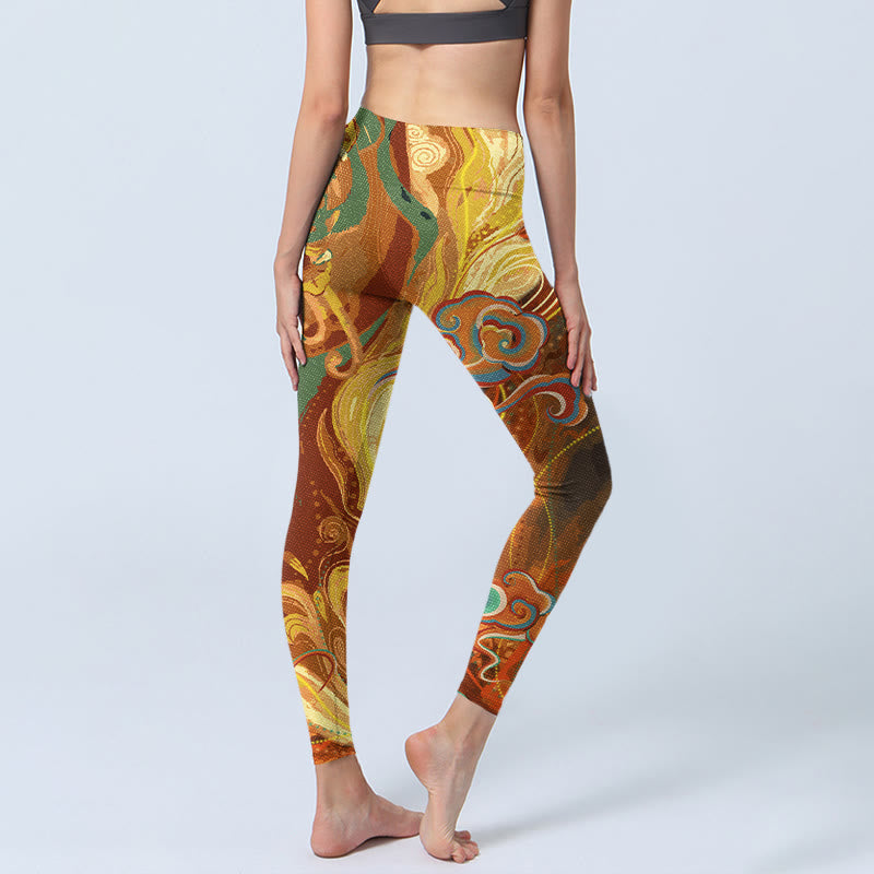 Leggings de yoga para mujer con estampado de ondas de nubes doradas y Buddha Stones - image 5