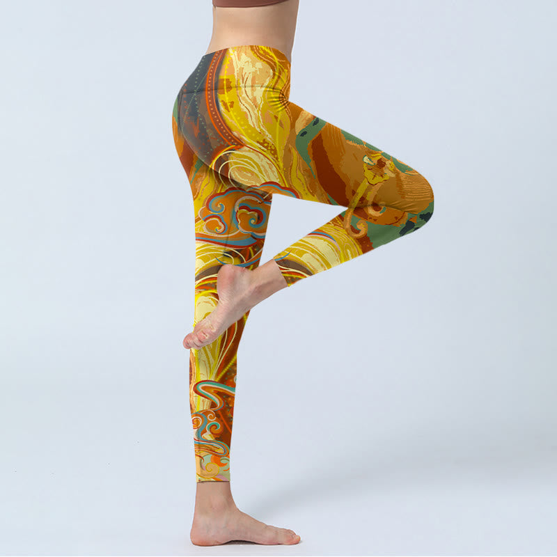 Leggings de yoga para mujer con estampado de ondas de nubes doradas y Buddha Stones - image 3