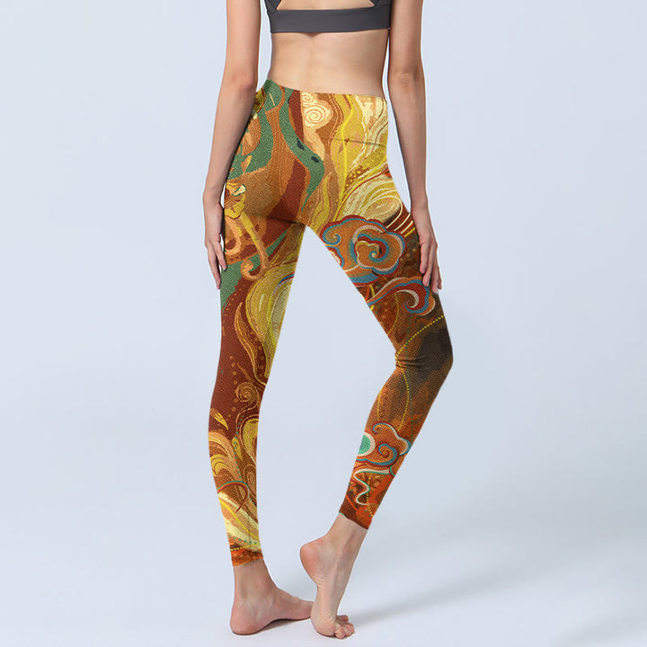 Leggings de yoga para mujer con estampado de ondas de nubes doradas y Buddha Stones - image 4