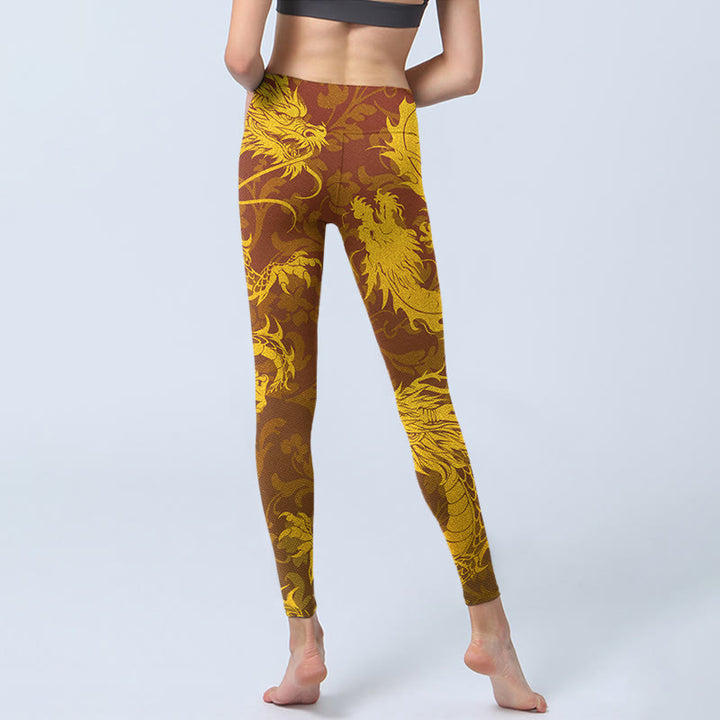 Leggings de yoga para mujer con estampado de flores de dragón dorado y Buddha Stones