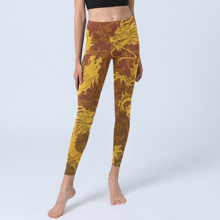 Leggings de yoga para mujer con estampado de flores de dragón dorado y Buddha Stones