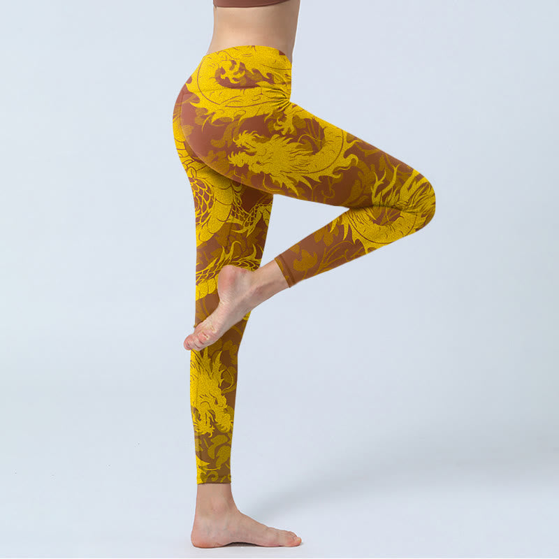 Leggings de yoga para mujer con estampado de flores de dragón dorado y Buddha Stones