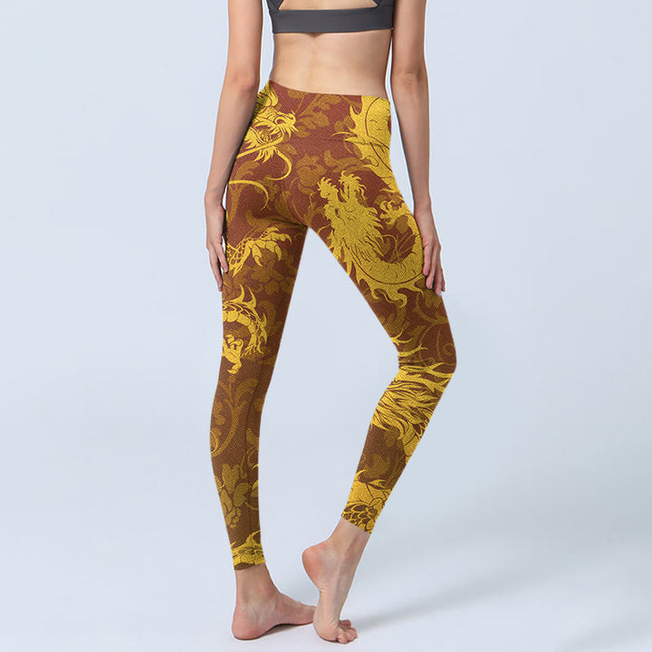 Leggings de yoga para mujer con estampado de flores de dragón dorado y Buddha Stones
