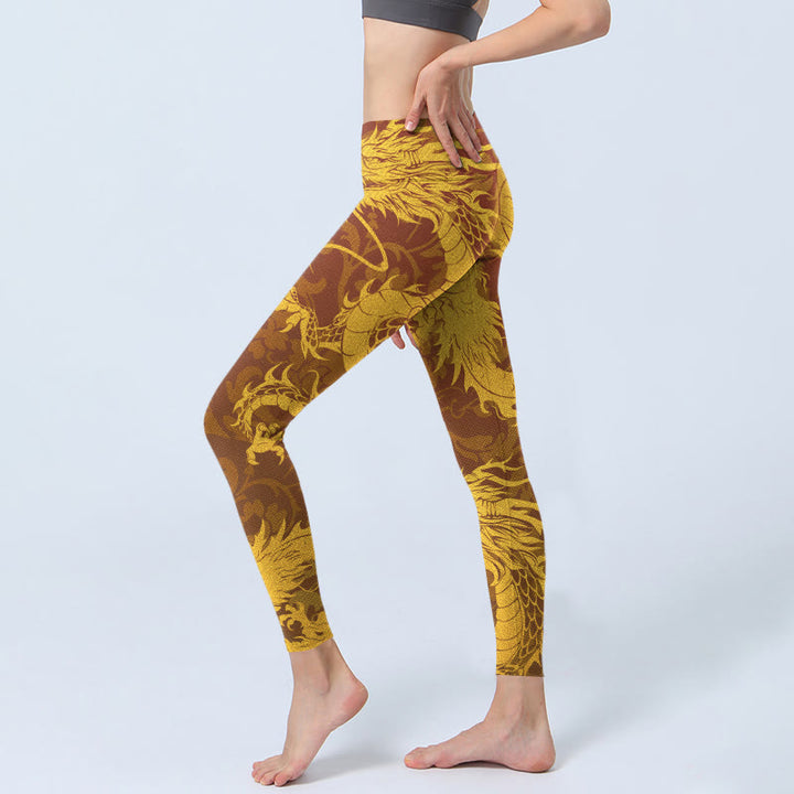 Leggings de yoga para mujer con estampado de flores de dragón dorado y Buddha Stones