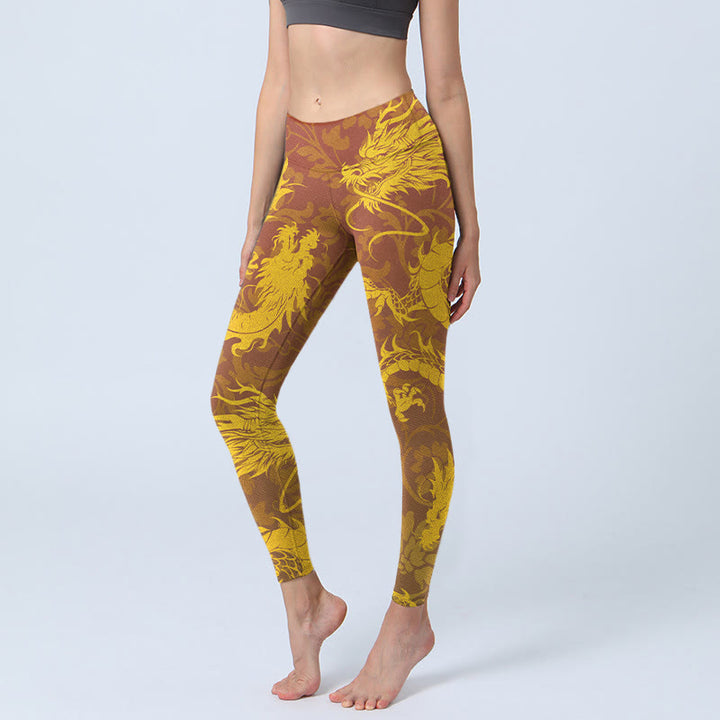 Leggings de yoga para mujer con estampado de flores de dragón dorado y Buddha Stones