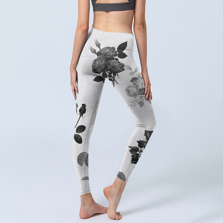 Leggings deportivos con Buddha Stones y rosas blancas y negras para mujer - image 5