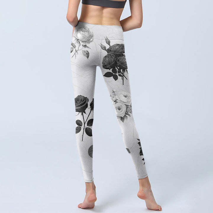 Leggings deportivos con Buddha Stones y rosas blancas y negras para mujer - image 7