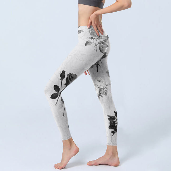 Leggings deportivos con Buddha Stones y rosas blancas y negras para mujer - image 3
