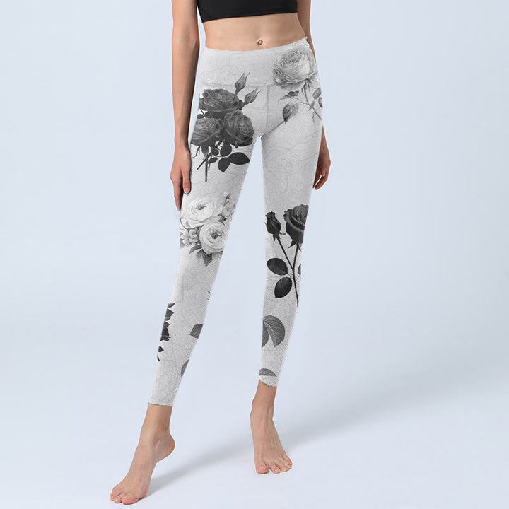 Leggings deportivos con Buddha Stones y rosas blancas y negras para mujer - image 6