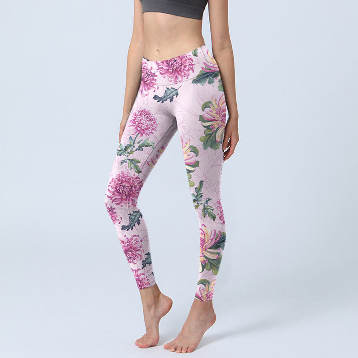 Leggings deportivos con crisantemo rosa y Buddha Stones para mujer - Ciruela - US18，UK/AU22，EU50 (4XL) - image 0