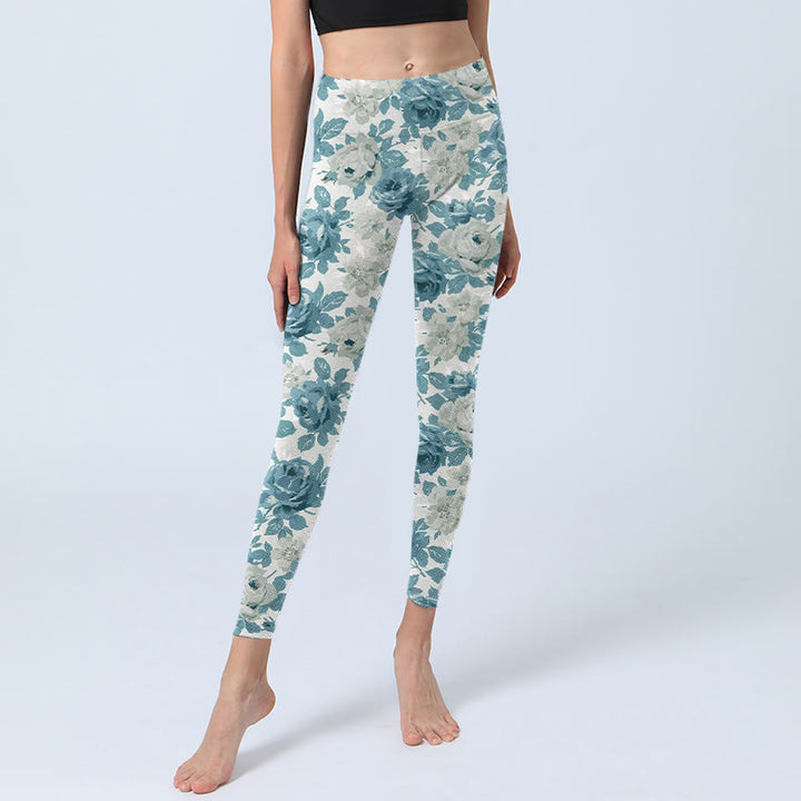 Leggings de yoga para mujer con diseño de flores blancas y verdes y Buddha Stones - image 6