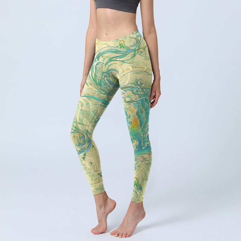 Pantalones de yoga para mujer con estampado de fénix azul y verde y Buddha Stones - VerdeAmarillo - US18，UK/AU22，EU50 (4XL) - image 1