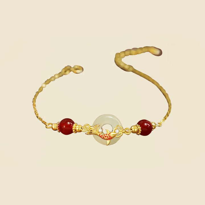 Pulsera de la suerte con hebilla de la paz y cuentas de ágata roja chapadas en oro y plata de ley 925 con Buddha Stones y jade hetiano natural - image 1
