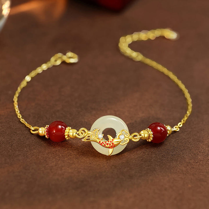 Pulsera de la suerte con hebilla de la paz y cuentas de ágata roja chapadas en oro y plata de ley 925 con Buddha Stones y jade hetiano natural - Jade Hetian en plata de ley 925 bañada en oro de 14 quilates - Circunferencia de la muñeca: 14-17 cm - image 0