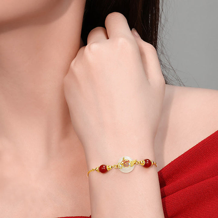 Pulsera de la suerte con hebilla de la paz y cuentas de ágata roja chapadas en oro y plata de ley 925 con Buddha Stones y jade hetiano natural - image 3