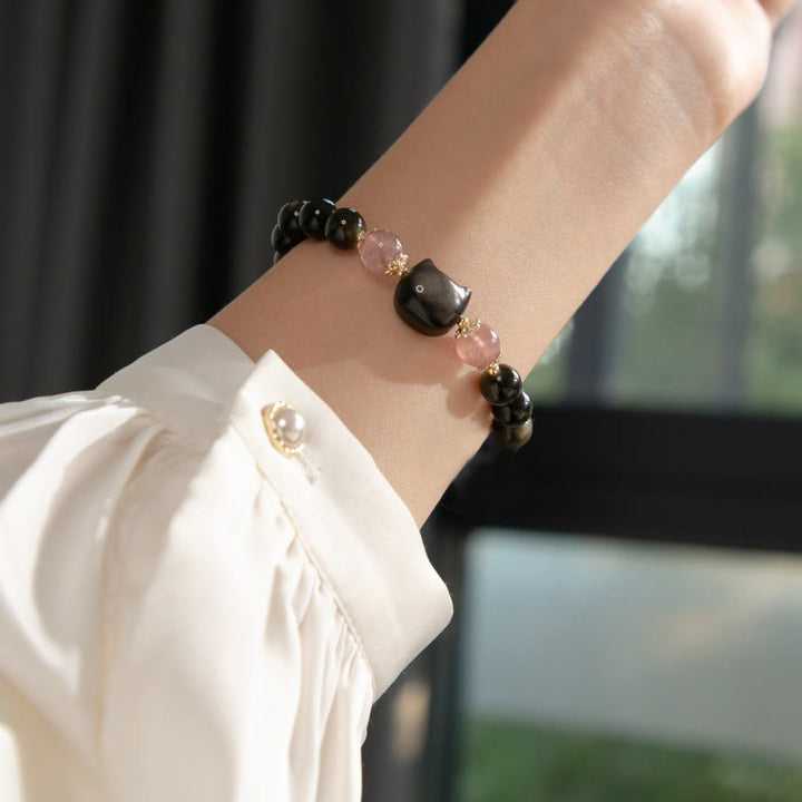 Pulsera de fuerza con cabeza de gato y obsidiana negra y cuentas de cuarzo fresa con Buddha Stones y brillo plateado - image 5
