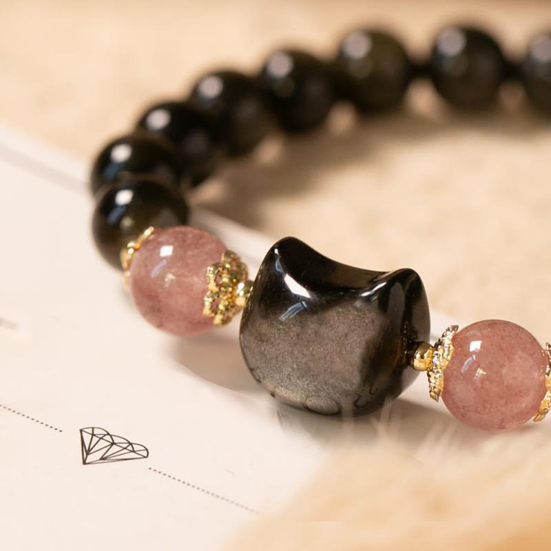 Pulsera de fuerza con cabeza de gato y obsidiana negra y cuentas de cuarzo fresa con Buddha Stones y brillo plateado - image 3