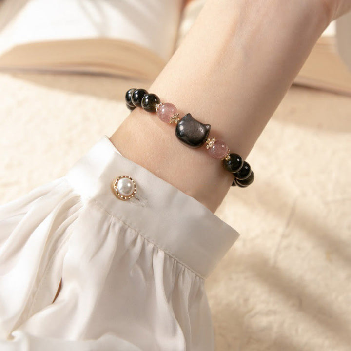 Pulsera de fuerza con cabeza de gato y obsidiana negra y cuentas de cuarzo fresa con Buddha Stones y brillo plateado - image 4