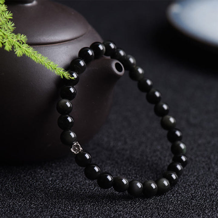 Pulsera de purificación con diseño de flores de plata de ley 925 con cuentas de obsidiana negra y Buddha Stones