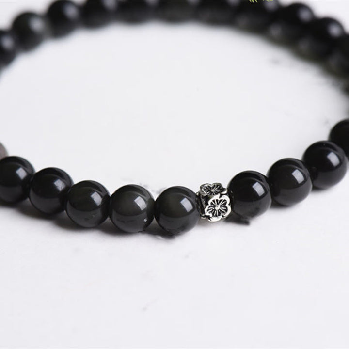 Pulsera de purificación con diseño de flores de plata de ley 925 con cuentas de obsidiana negra y Buddha Stones