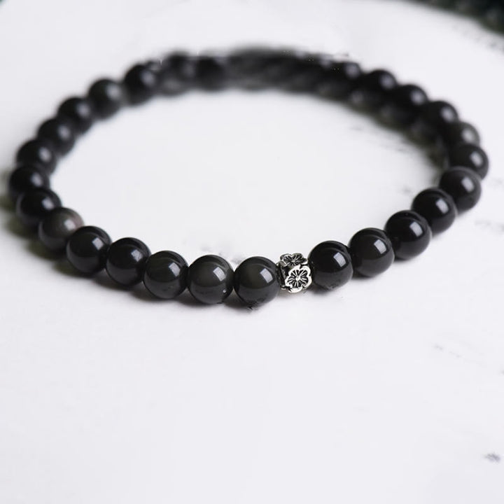 Pulsera de purificación con diseño de flores de plata de ley 925 con cuentas de obsidiana negra y Buddha Stones